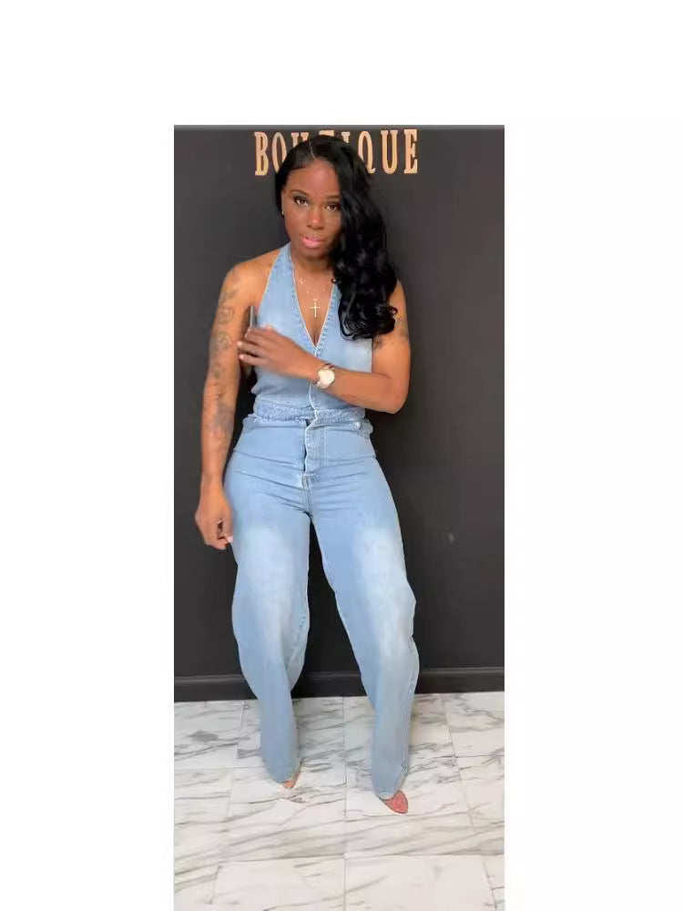 Women's Halter Neck One-Piece Overall Denim Pants 4