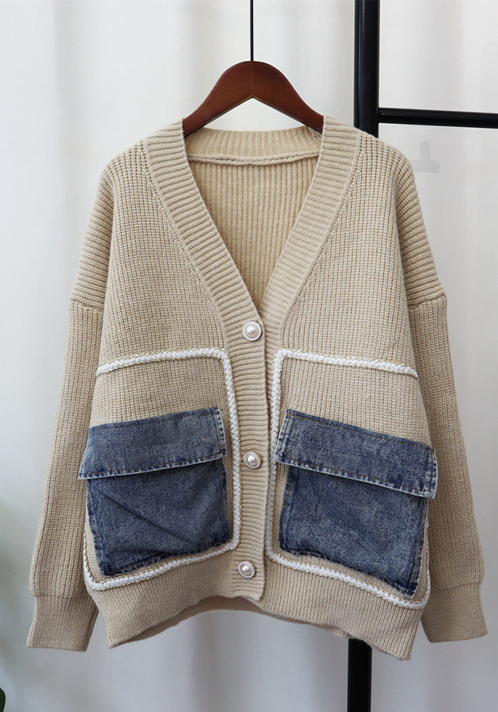 Autumn And Winter Denim Pocket Knitting Cardigan Loose Chic Wool Coat