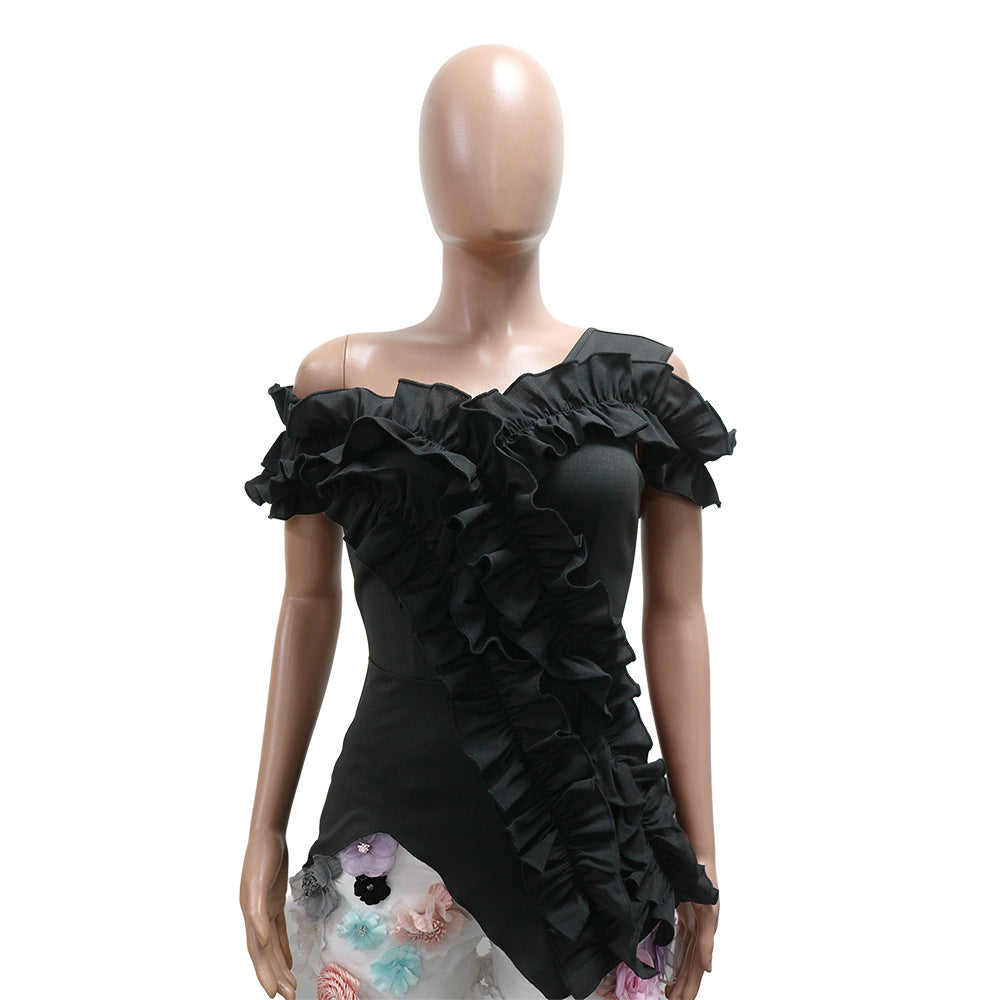 Women Off Shoulder Irregular Lotus Leaf Top 6