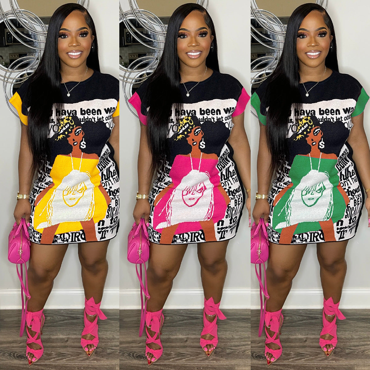 Fashionable Cartoon Character Print Casual Dress 7