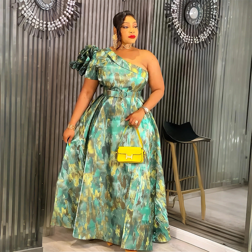 African Sexy Slash Shoulder Women's Plus Size Print Dress