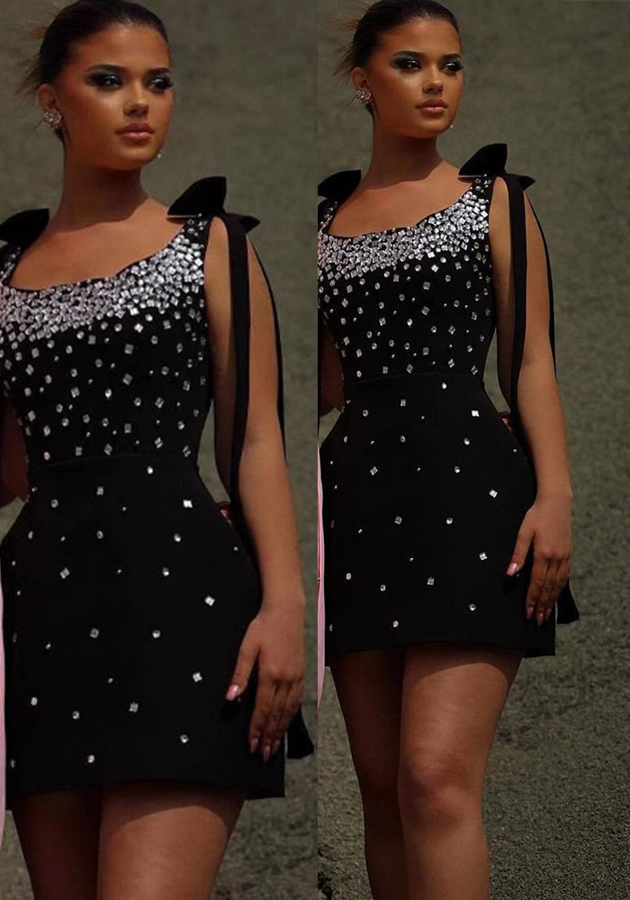 Women black suspender bow beaded beaded formal party bandage dress