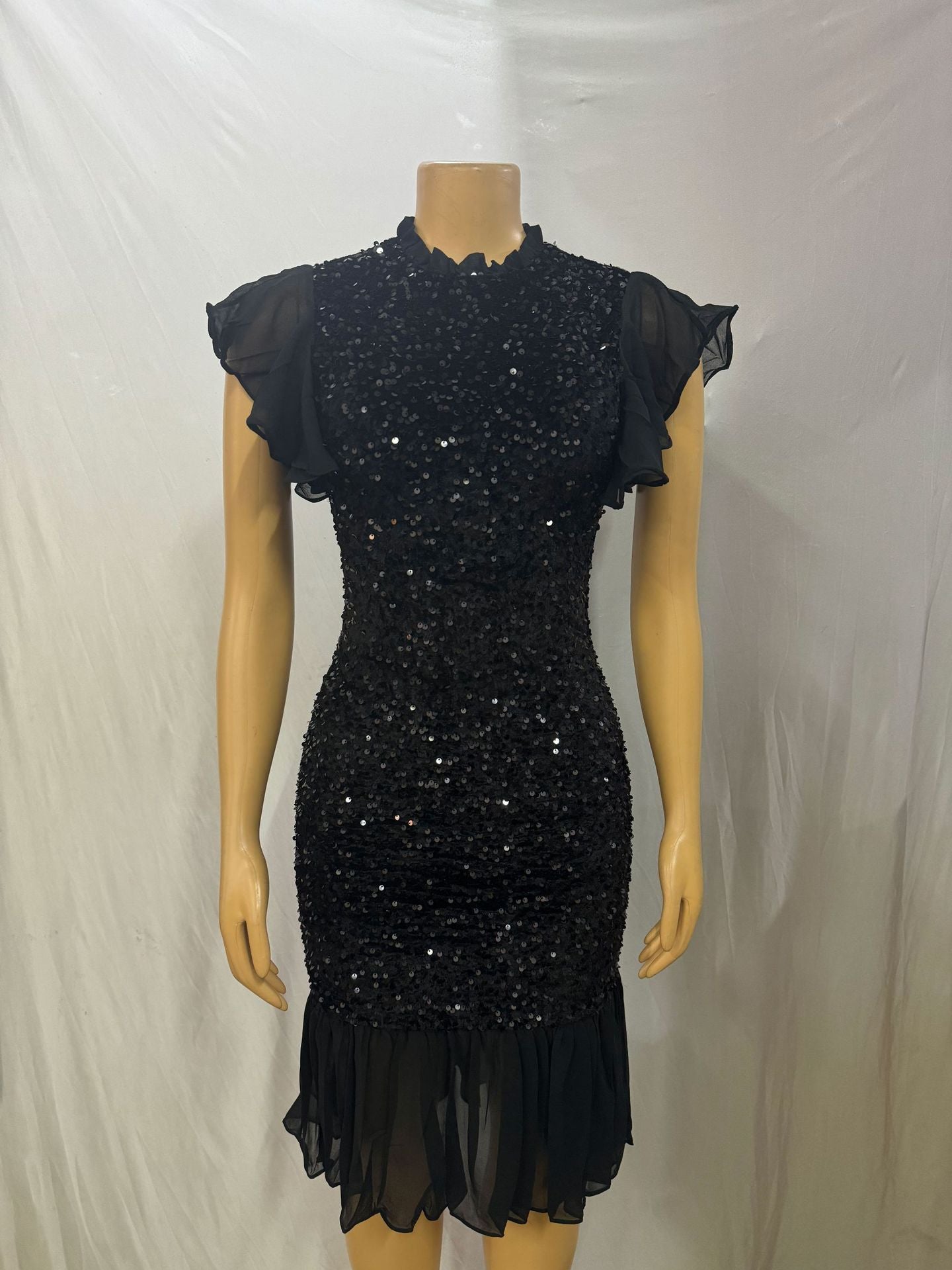 Women Soid Sequin Patchwork Sexy Bodycon Short Sleeve Dress 5