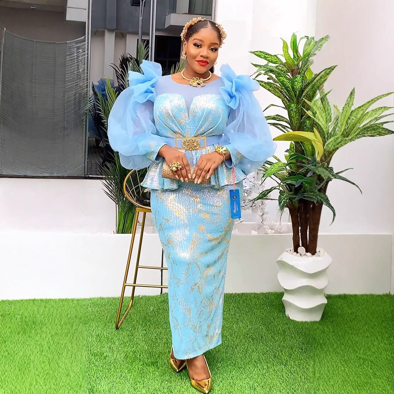 African Women's Plus Size High Waist Fashion Sequin Christmas Party Dress 3