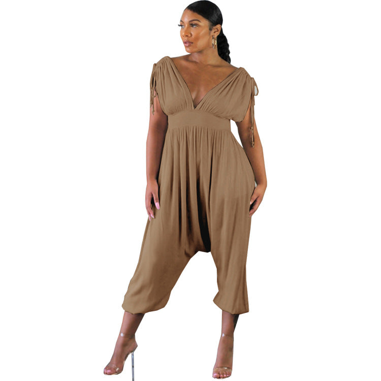 Women Casual Drawstring V Neck Wide Leg Jumpsuit 7