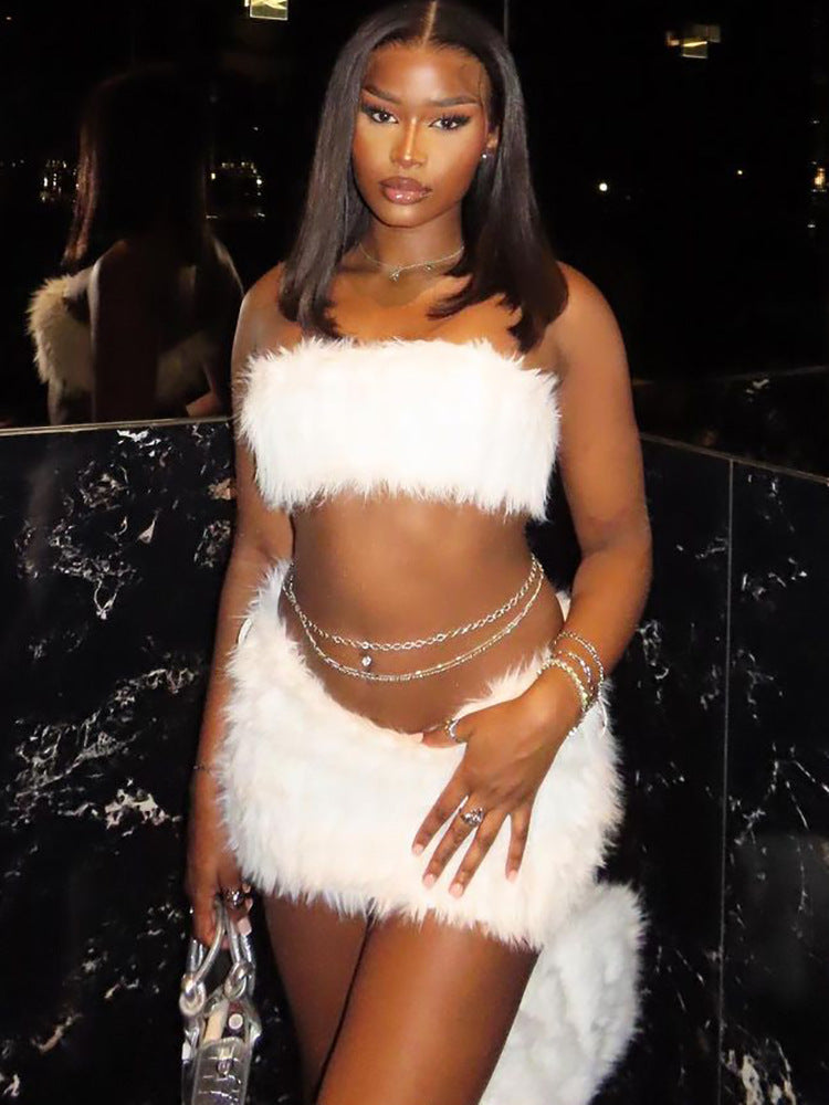 Women sexy furry chest wrap Top and Skirt two-piece set 5