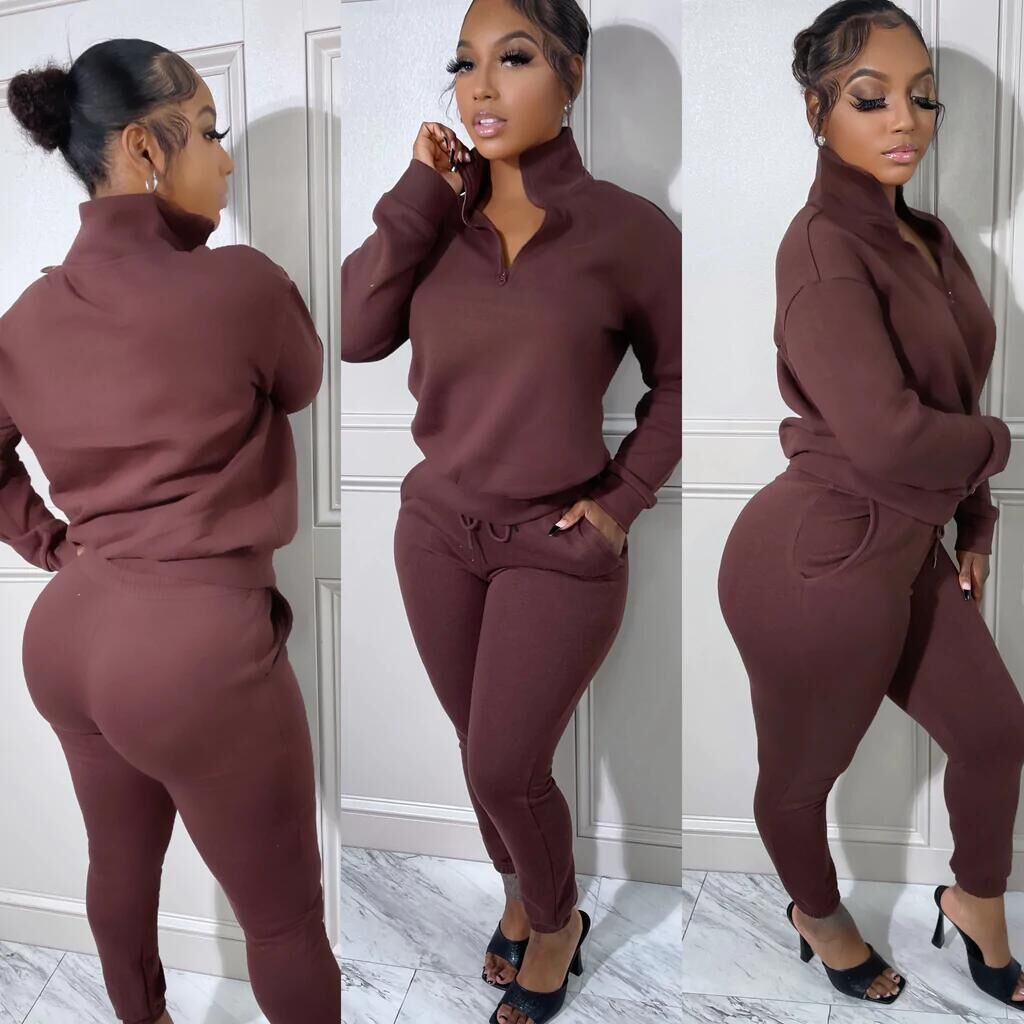 Women's Fashion Solid Hoodies Casual Sports Stand Collar Zip Cotton Two Piece 8