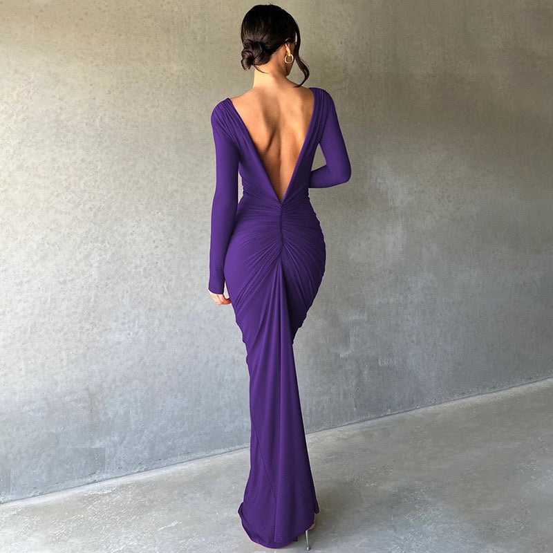 Women Pleated Long Sleeve Backless Bodycon Maxi Evening Dress 3
