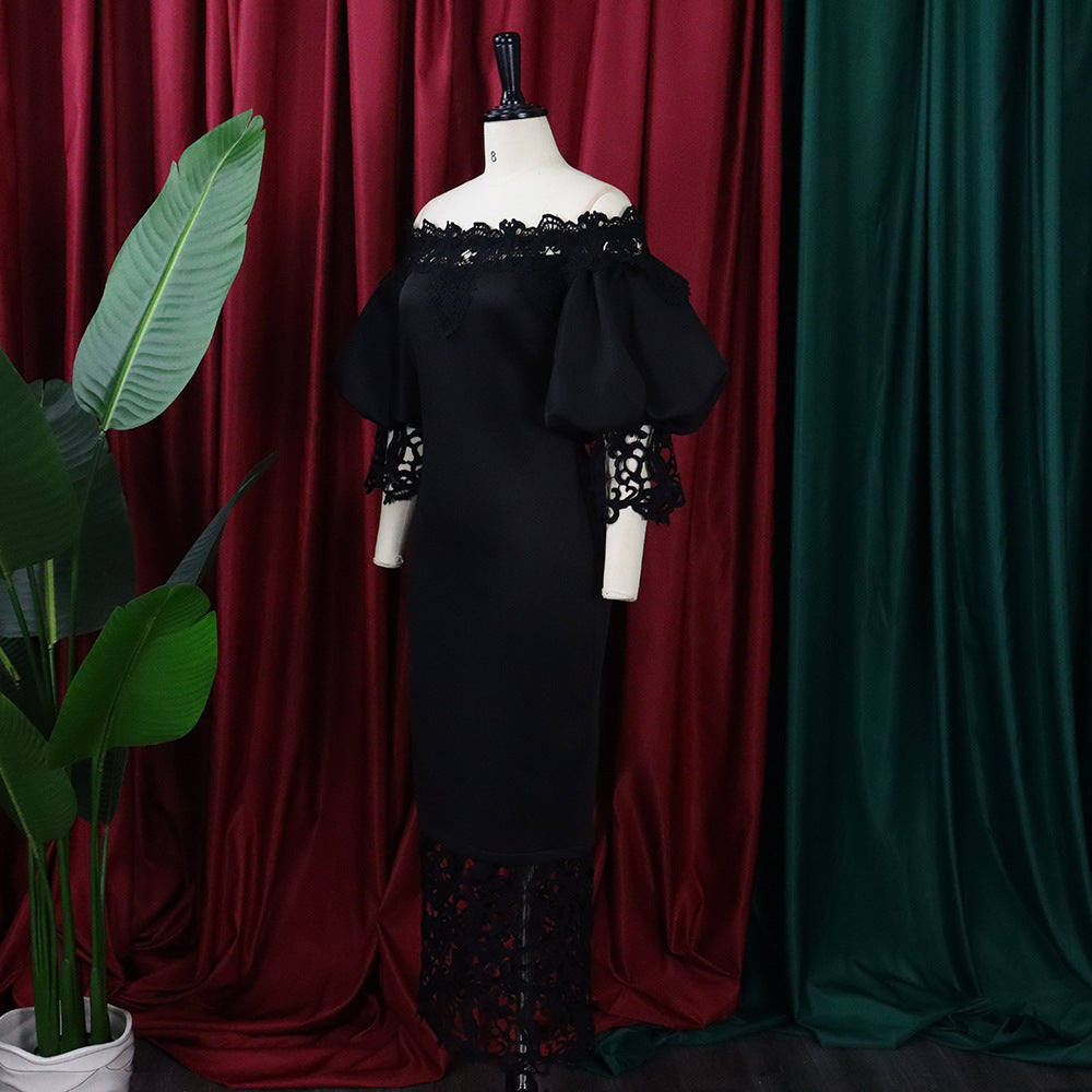 Off Shoulder Off Shoulder Bodycon Lace Patchwork Balloon Sleeve Gown Dress 22