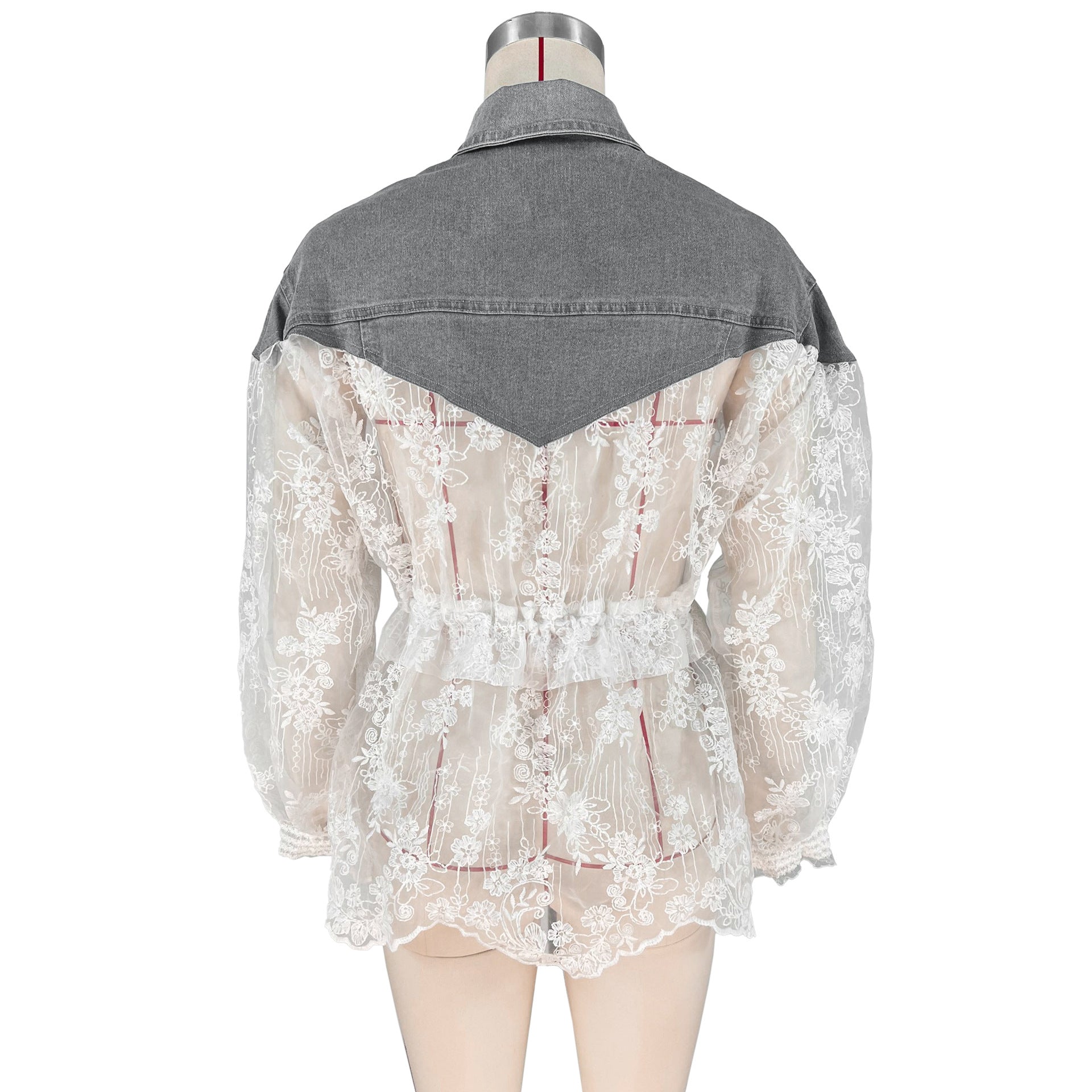 Sexy Ladies Denim Patchwork Embroidered Mesh See-Through Slim Waist Shirt 6