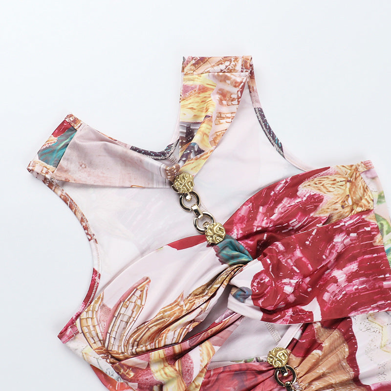 Spring Printed Metal Button Hollow Strapless Bodycon Short Dress 11