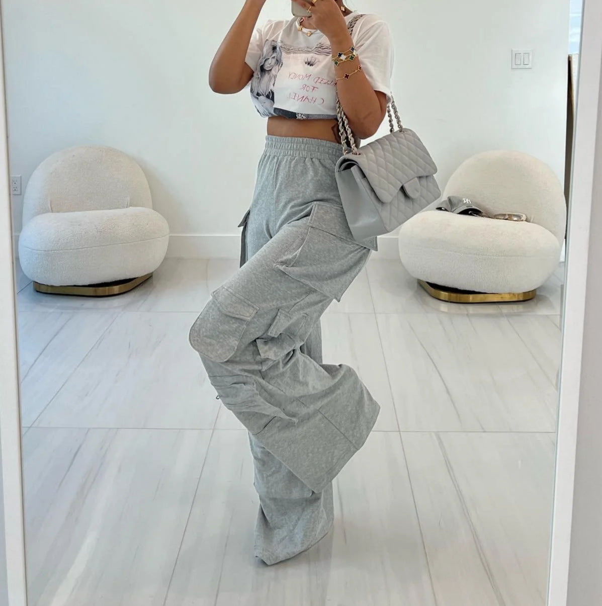 Autumn Winter's Elastic Waist Multi-Pocket Patchwork Loose Straight Leg Long Pants 3