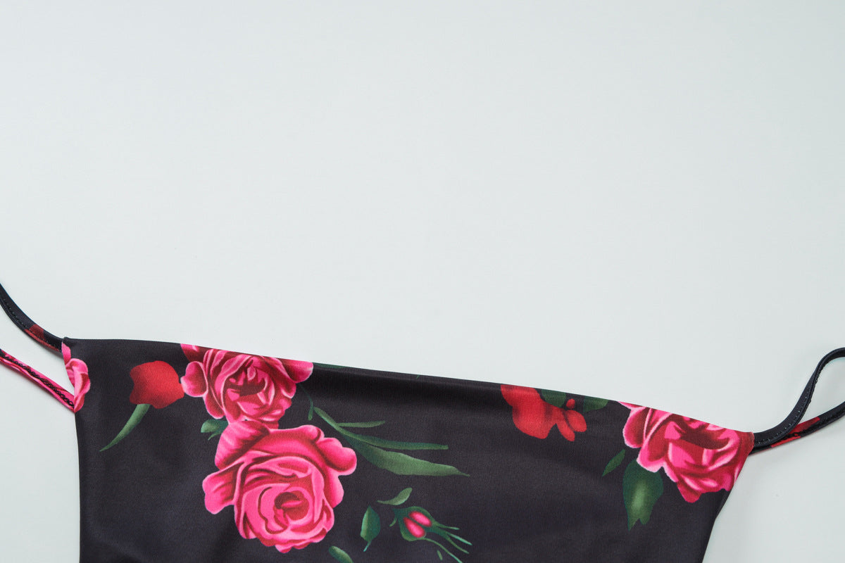 Women Spring Flower Print Sexy Backless Lace-Up Dress 10