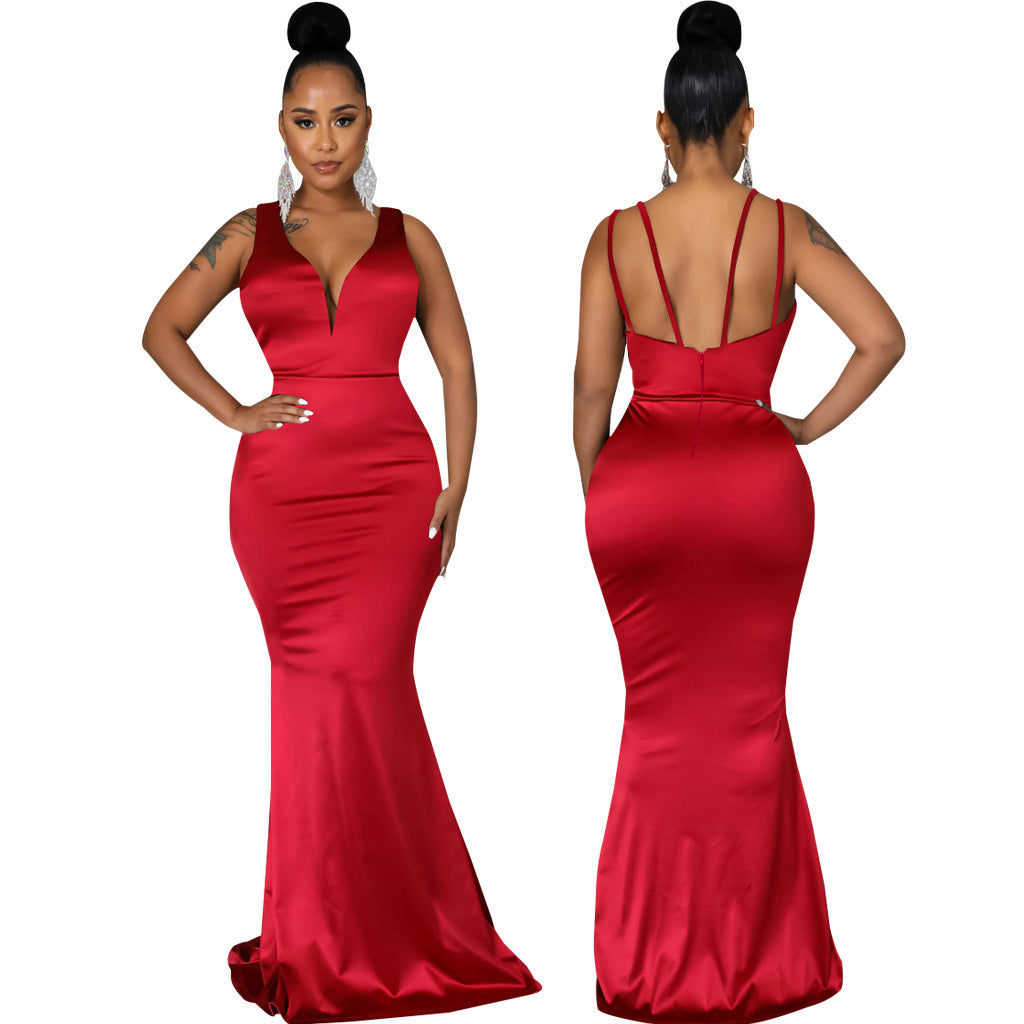 Sexy Fashion Deep V Neck Sleeveless Mermaid Gown Women's Solid Color Evening Dress 10