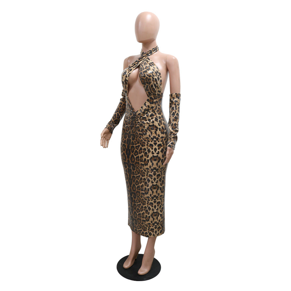 Leopard Print Sexy Dress Sequins Hollow Halter Neck Low Back Split Sleeve Formal Party Gown 7