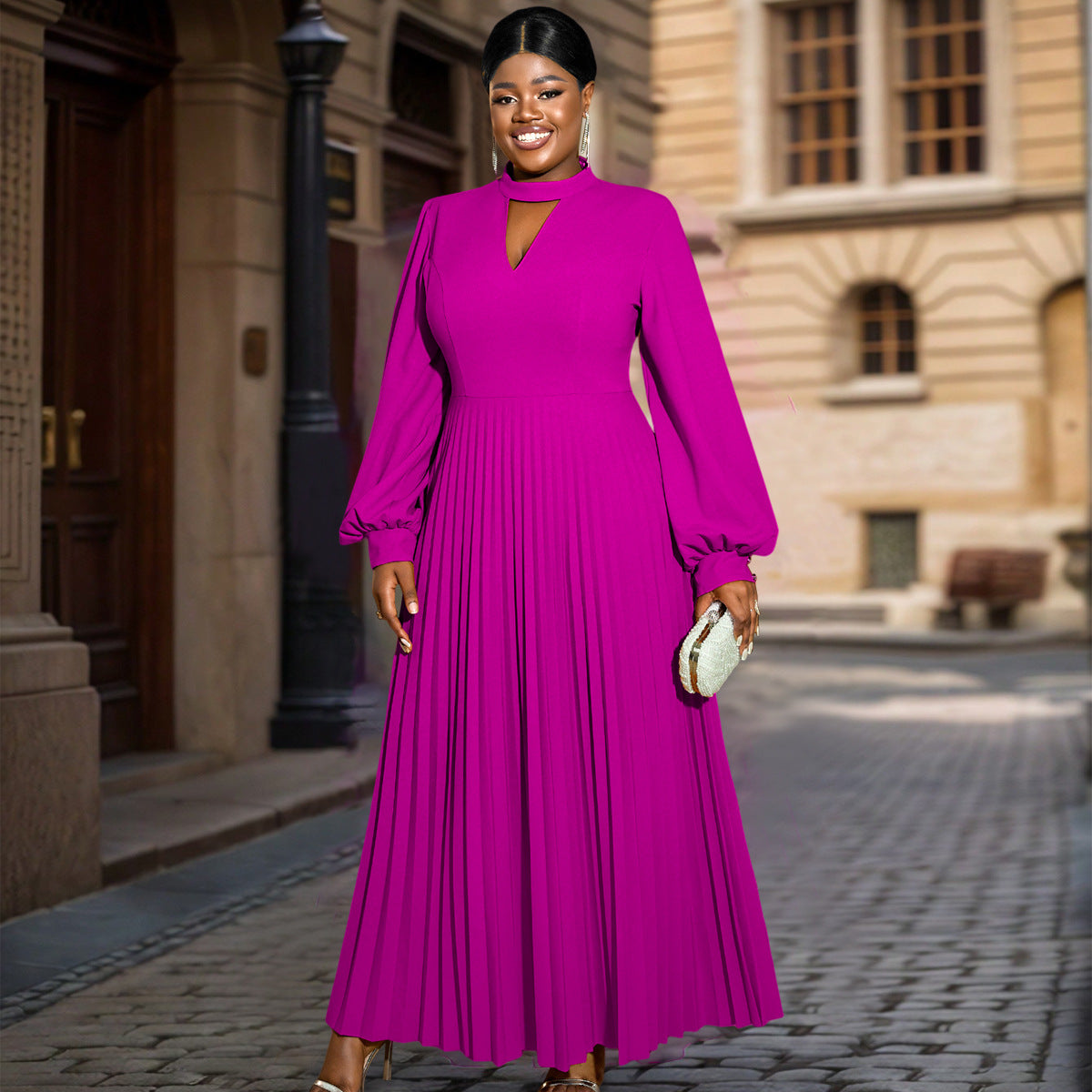 Women hollow Stand Collar lantern sleeve pleated Dress