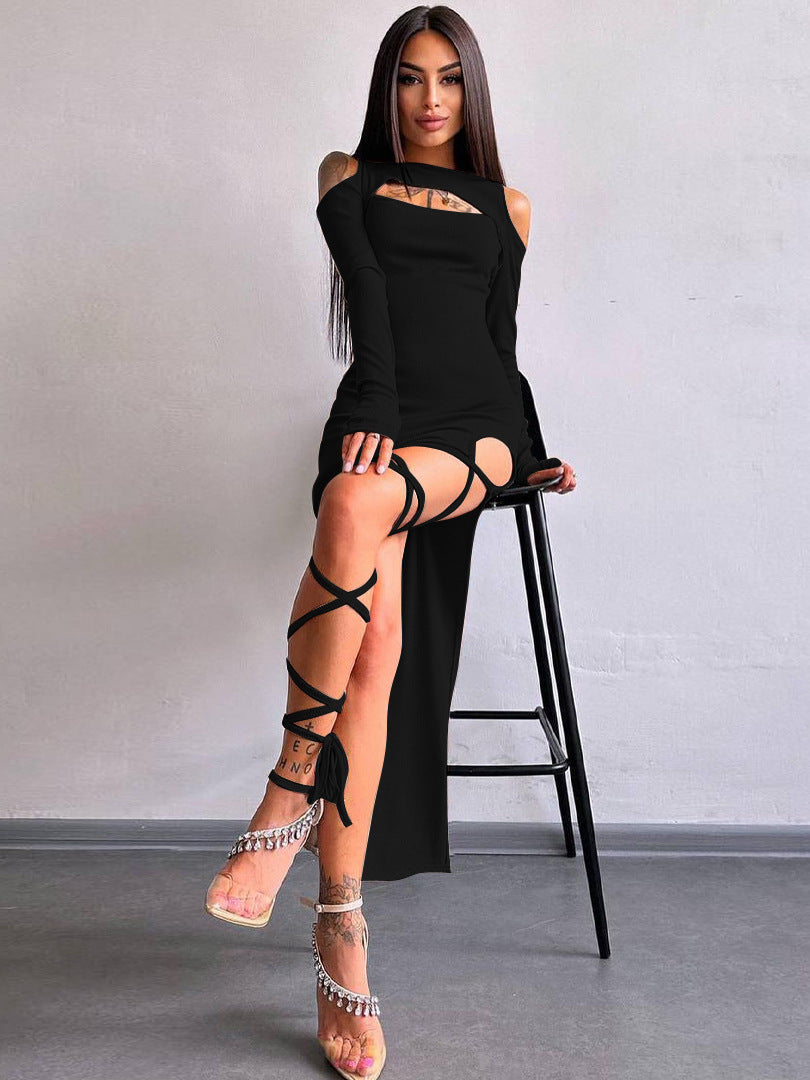 Women Sexy Solid Long Sleeve Hollow Slit Dress 6