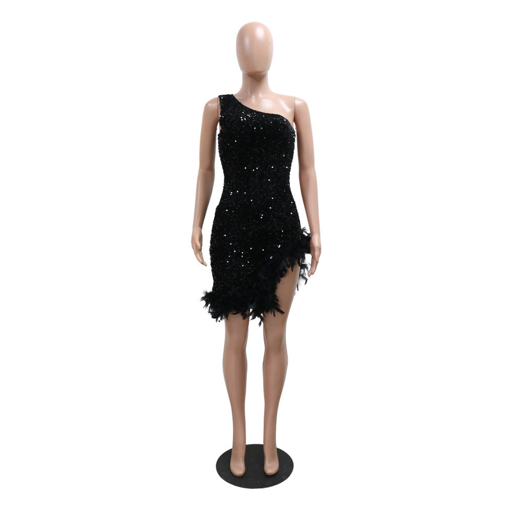 Fashion Slash Shoulder Feather Sequin Slit Club Dress 9