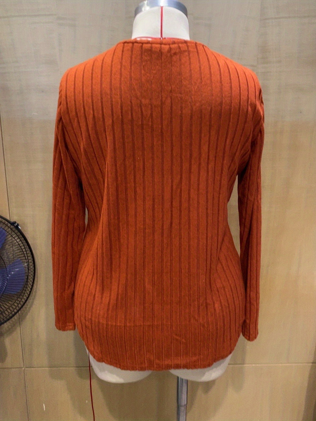 Women's Autumn Winter Solid Color Ribbed V-Neck Plus Size Pullover Top 28