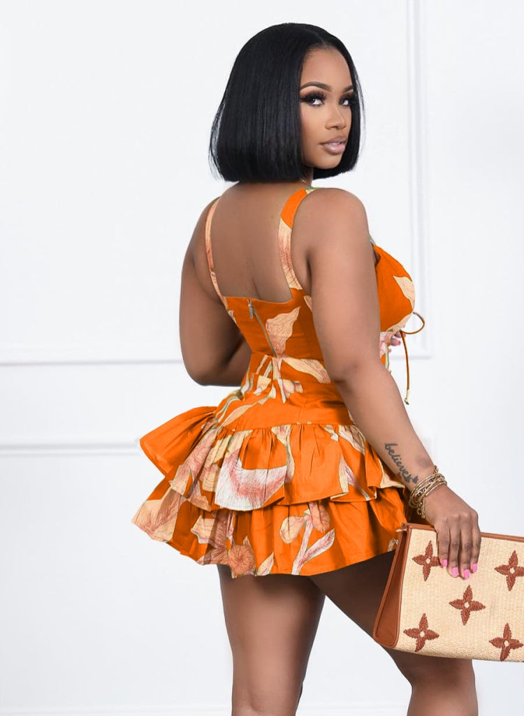 Women Summer Orange Sexy Halter Sleeveless High Waist Floral Print Cascading Ruffle Regular Two Piece Shorts Set