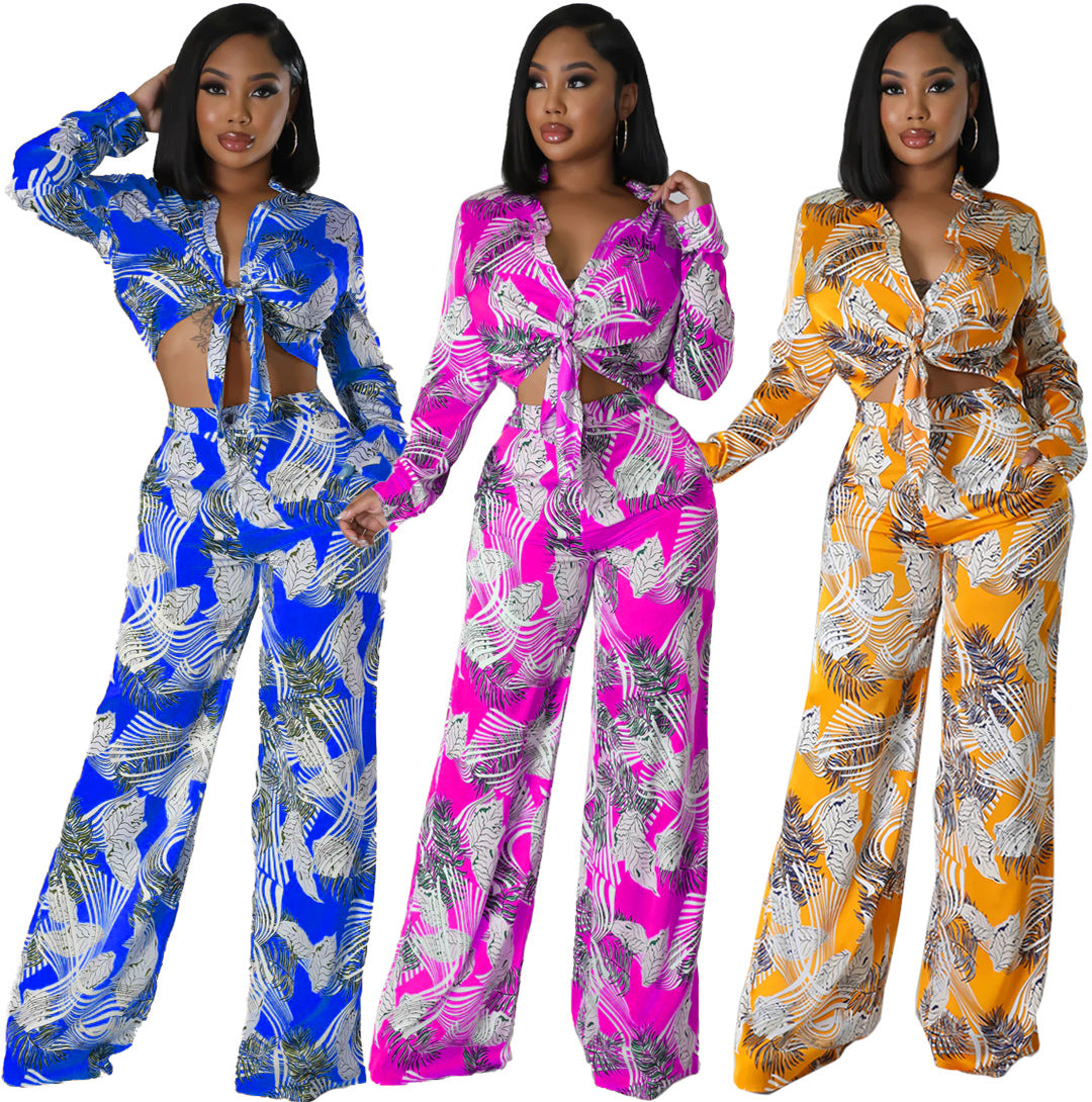 Summer Print Stand Collar Long Sleeve Shirt Top Wide Leg Pants Fashion Two-Piece Set 10