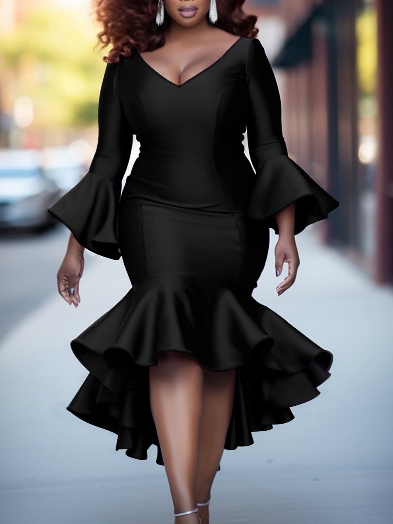Plus-Size Women Bell Bottom Sleeve V-Neck Sexy Fishtail Bodycon Dress
