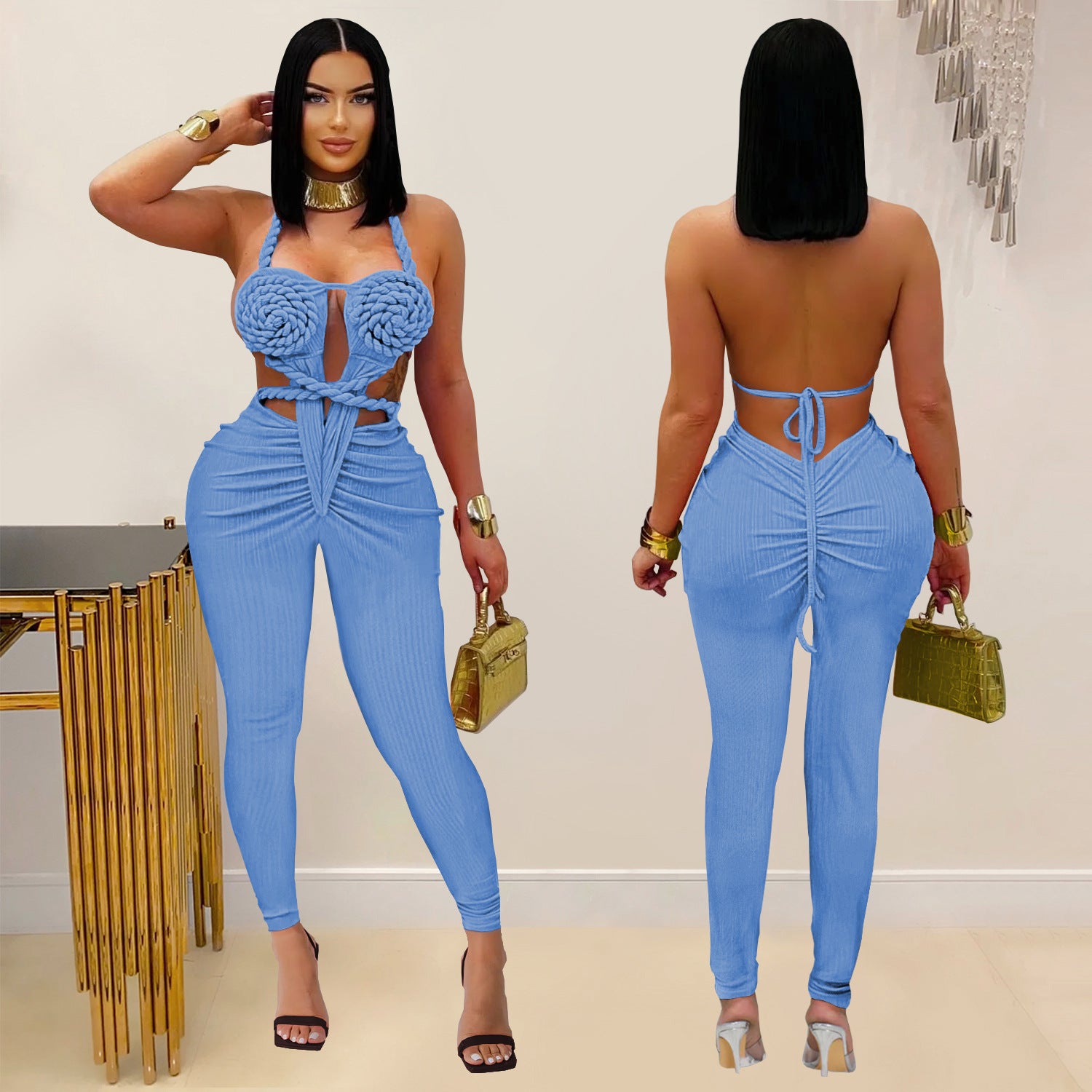 Women Sexy Casual Halter Neck Backless Solid Jumpsuit 4