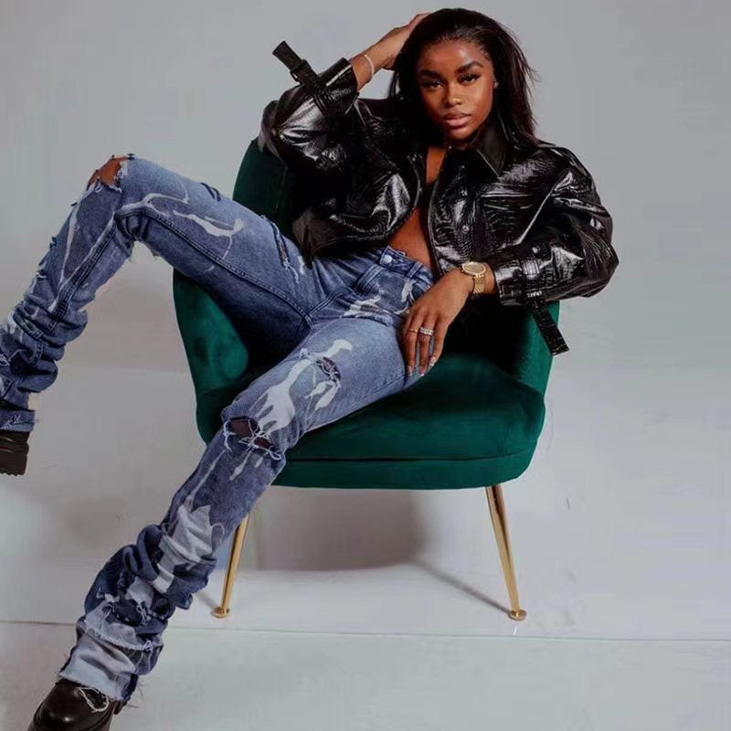 Women's Fitted High Waist Ripped Denim Pants High Stretch Jeans