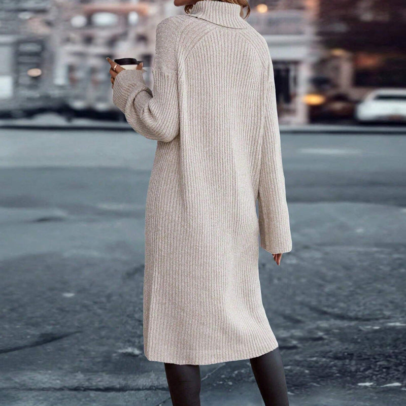Fashionable Autumn And Winter Loose High-Neck Long-Sleeved Split Sweater Dress 4