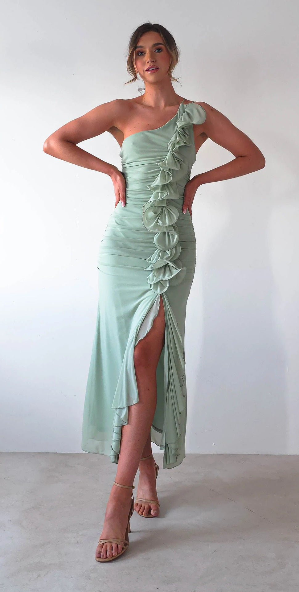 Summer Slash Shoulder Fashion Sexy Shirred High Slit Slim Dress 12