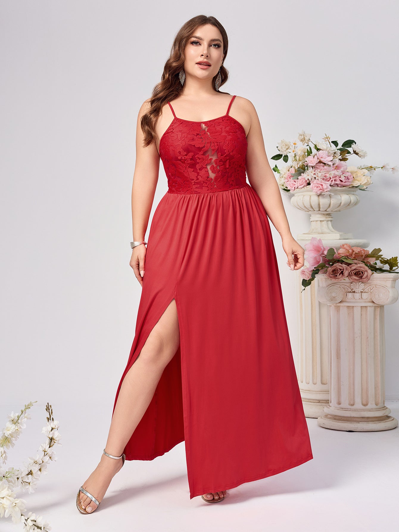 Plus Size Women Suspender Backless Solid Slit Hollow Sexy Dress 6
