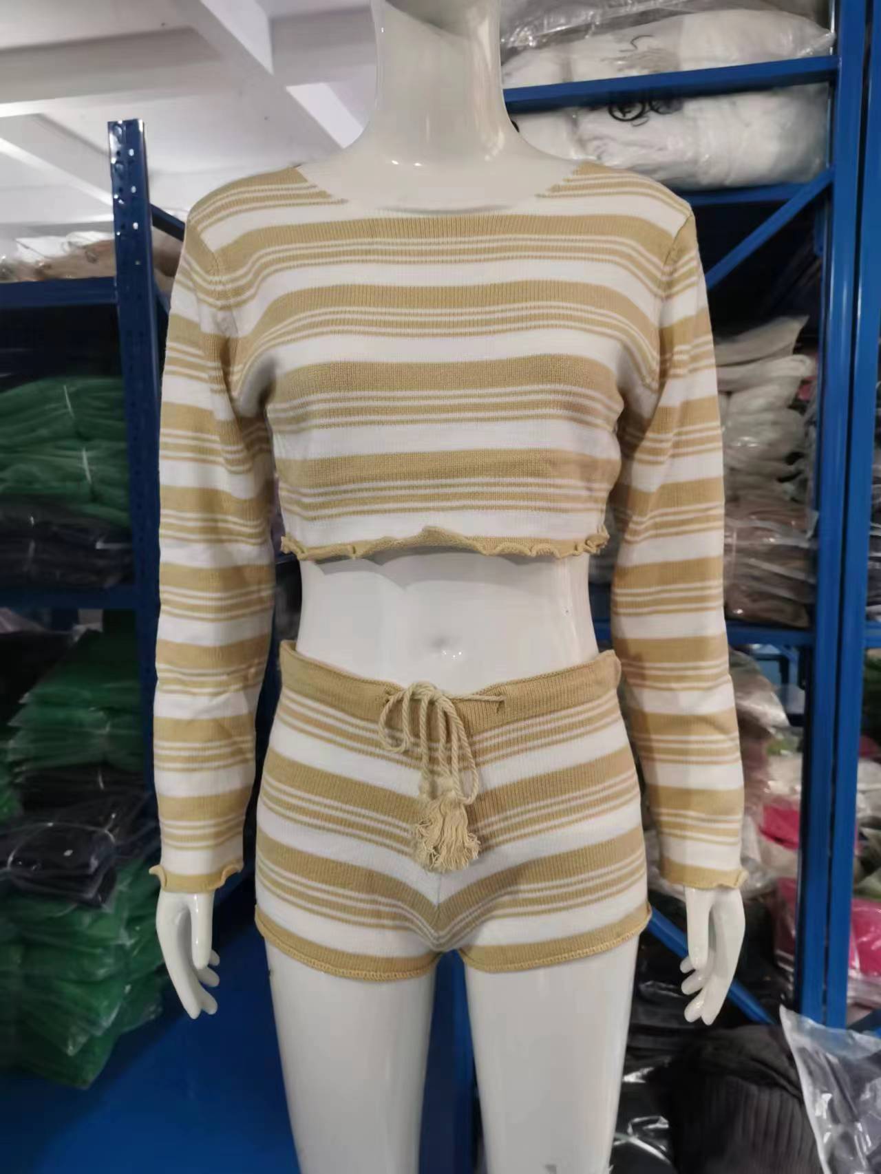 Women sexy striped Crop Top + Lace-up Shorts Two-piece Set 9