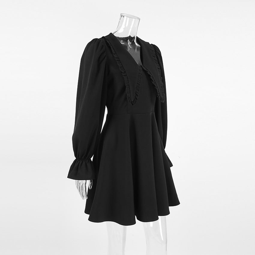 Autumn And Winter Black Sexy Turndown Collar Bell Bottom Long Sleeve Slim Short Dress 10