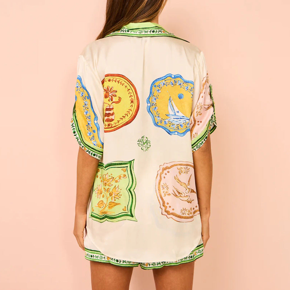 Summer Women loose printed shirt and shorts two-piece set 6