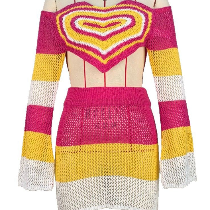 Women Hollow Knitting Top and Skirt Two-piece Set 5