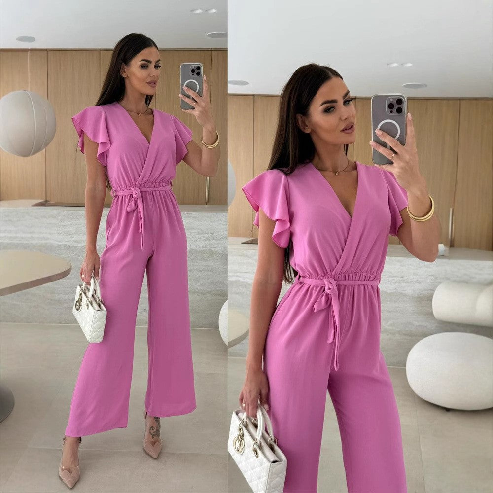 Women V-Neck Ruffle Sleeve Lace-Up Casual Wide Leg Jumpsuit 8