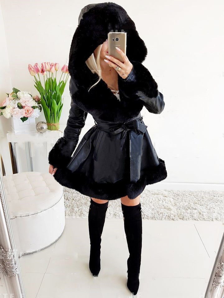 Turndown Collar Fur Patchwork Jacket Women's Winter Warm Ruffled Hooded  Slim Waist Coat 3