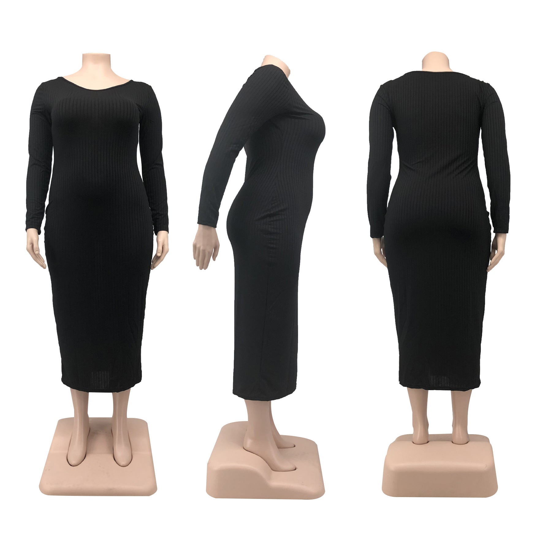 Casual Fashion Round Neck Ribbed Solid Color Women 's Plus Size Long Dress 9