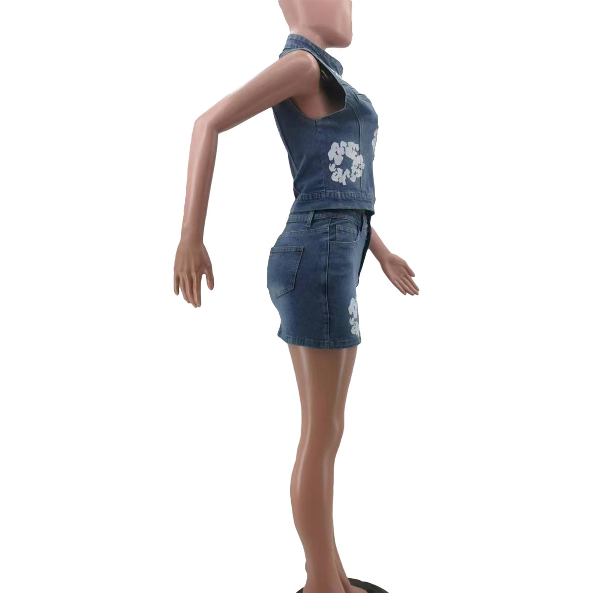 Casual women's clothing Style printed elastic Denim skirt sleeveless Vest set 4