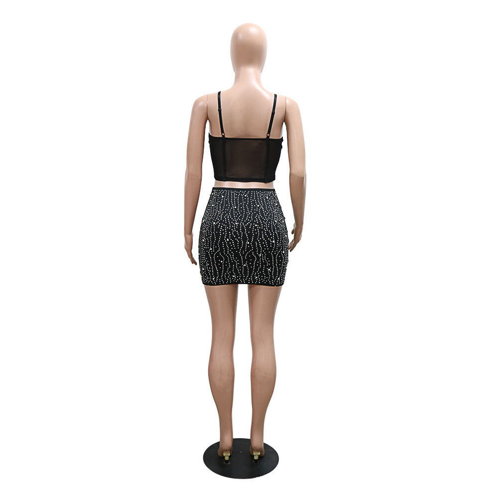 Fashionable Halter Top Bodycon Skirt Beaded Two-Piece Set For Women 12