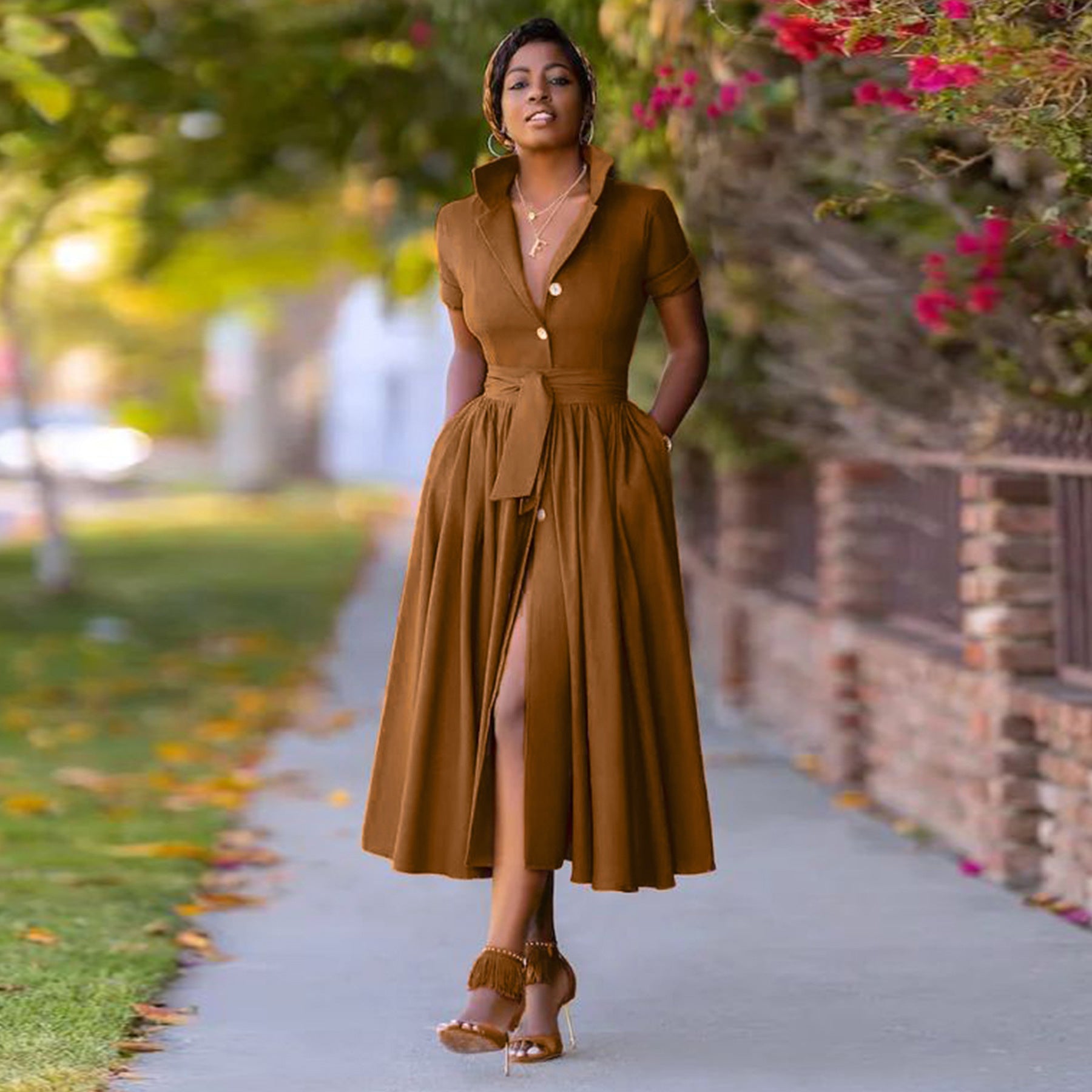 Trendy Women's Autumn/Winter Long Sleeve Slim Waist Solid Color Flared Dress 4