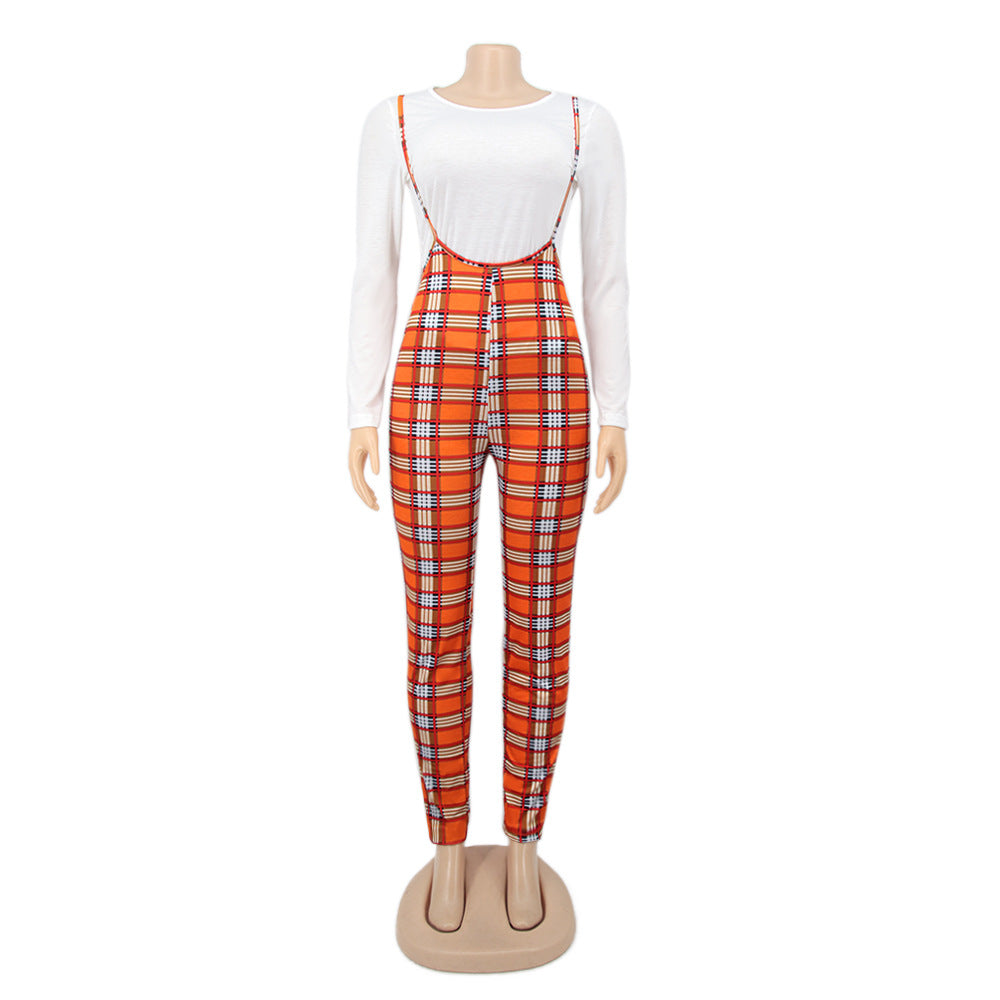 Spring Printed Long-Sleeved Slim Fit Women's Strap Casual Two Piece Pants Set 25