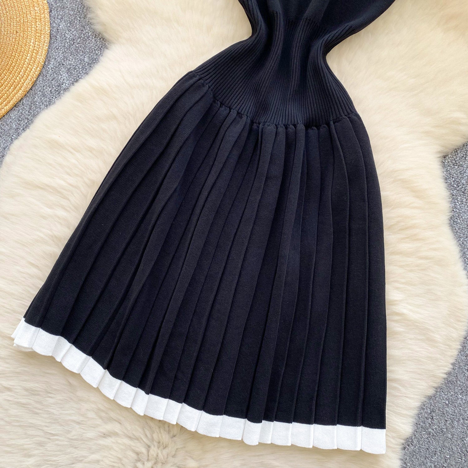 Women's Summer Sleeveless Knitting Slim Waist Contrast Color Pleated Dress 14