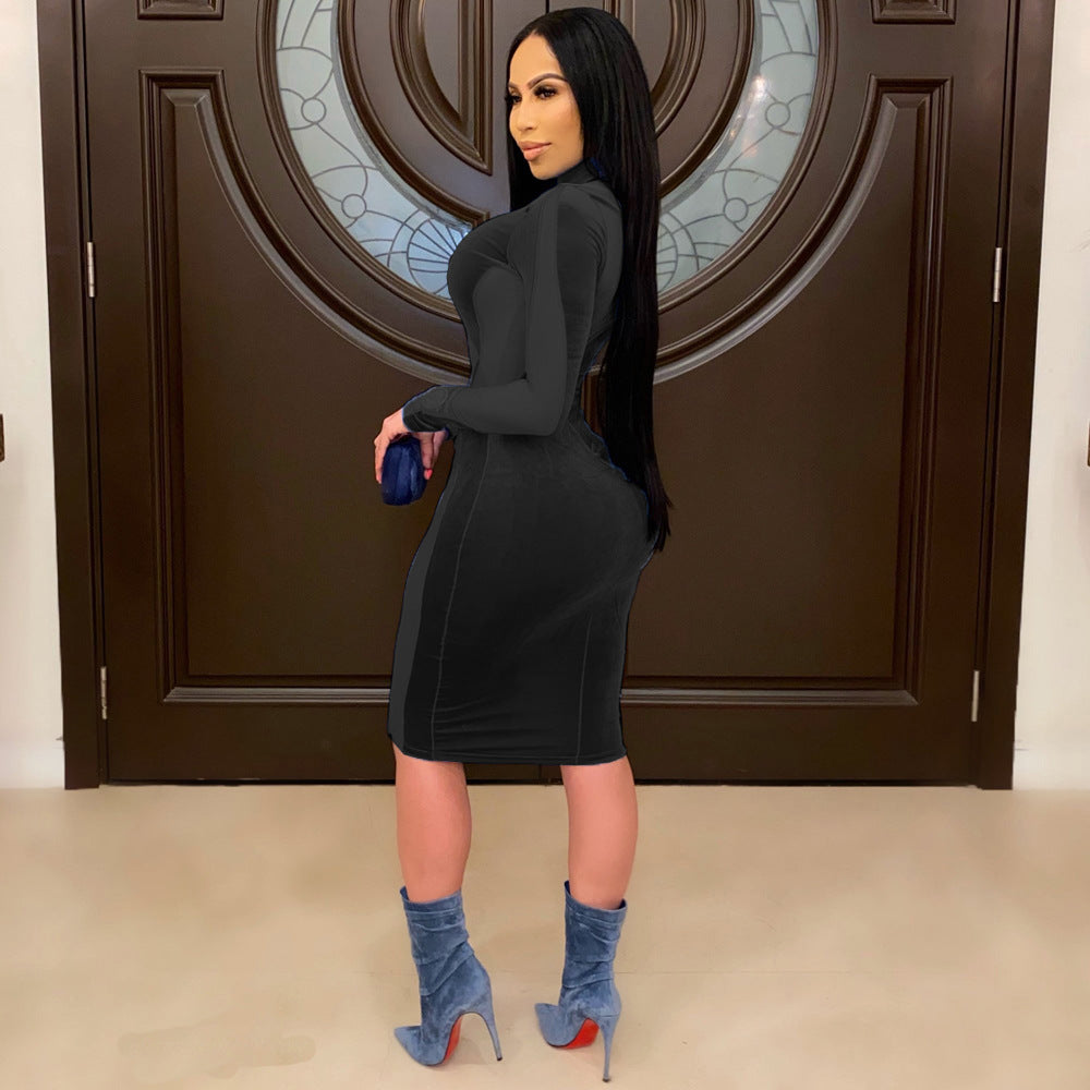 Women Autumn/Winter Sexy Velvet Stretchy Patchwork Long-Sleeved Dress 6