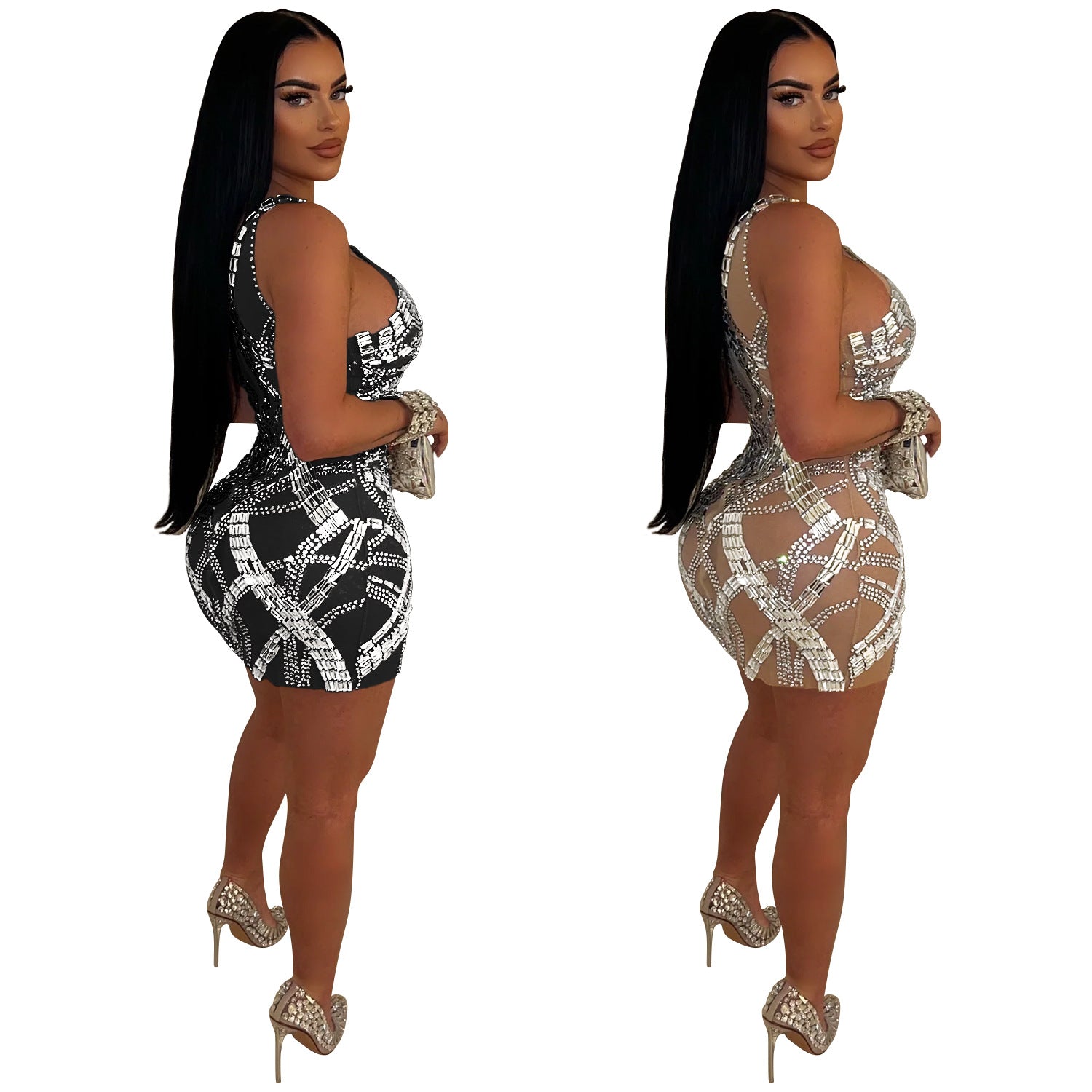 Women Solid mesh Beaded Mini Dress 7