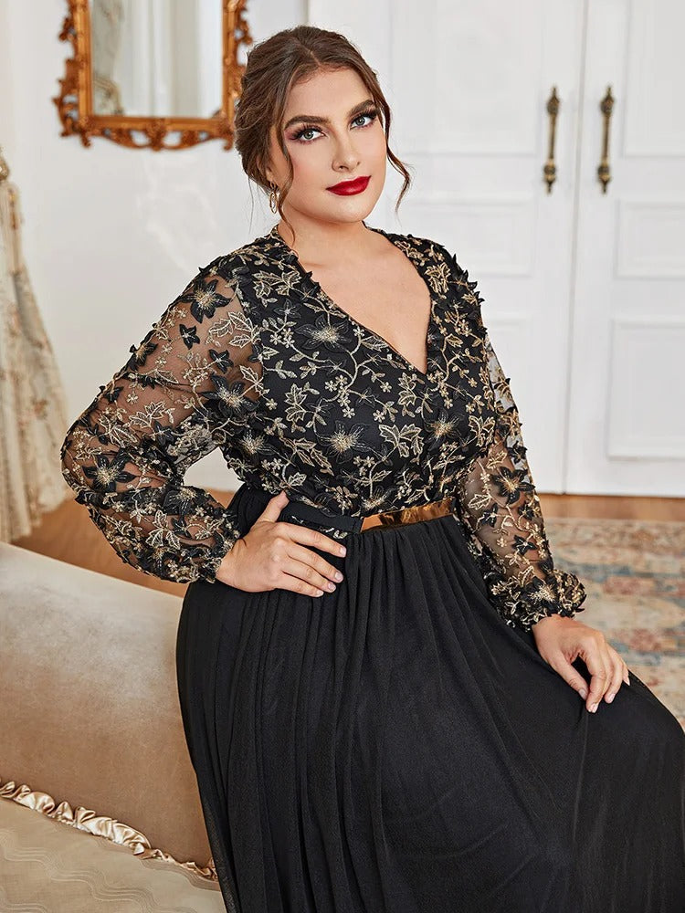 Plus Size V Neck Patchwork Long Sleeve Maxi Dress 5