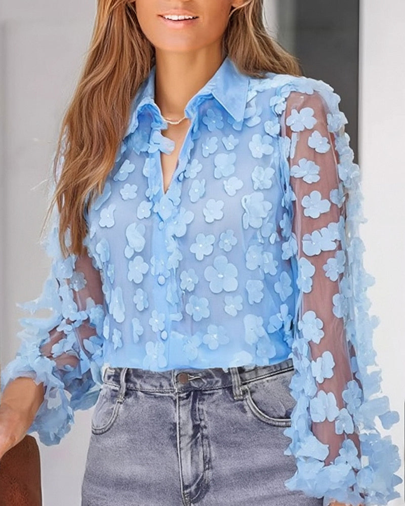 Women's Light Blue Floral See-Through Mesh Lantern Sleeve Shirt