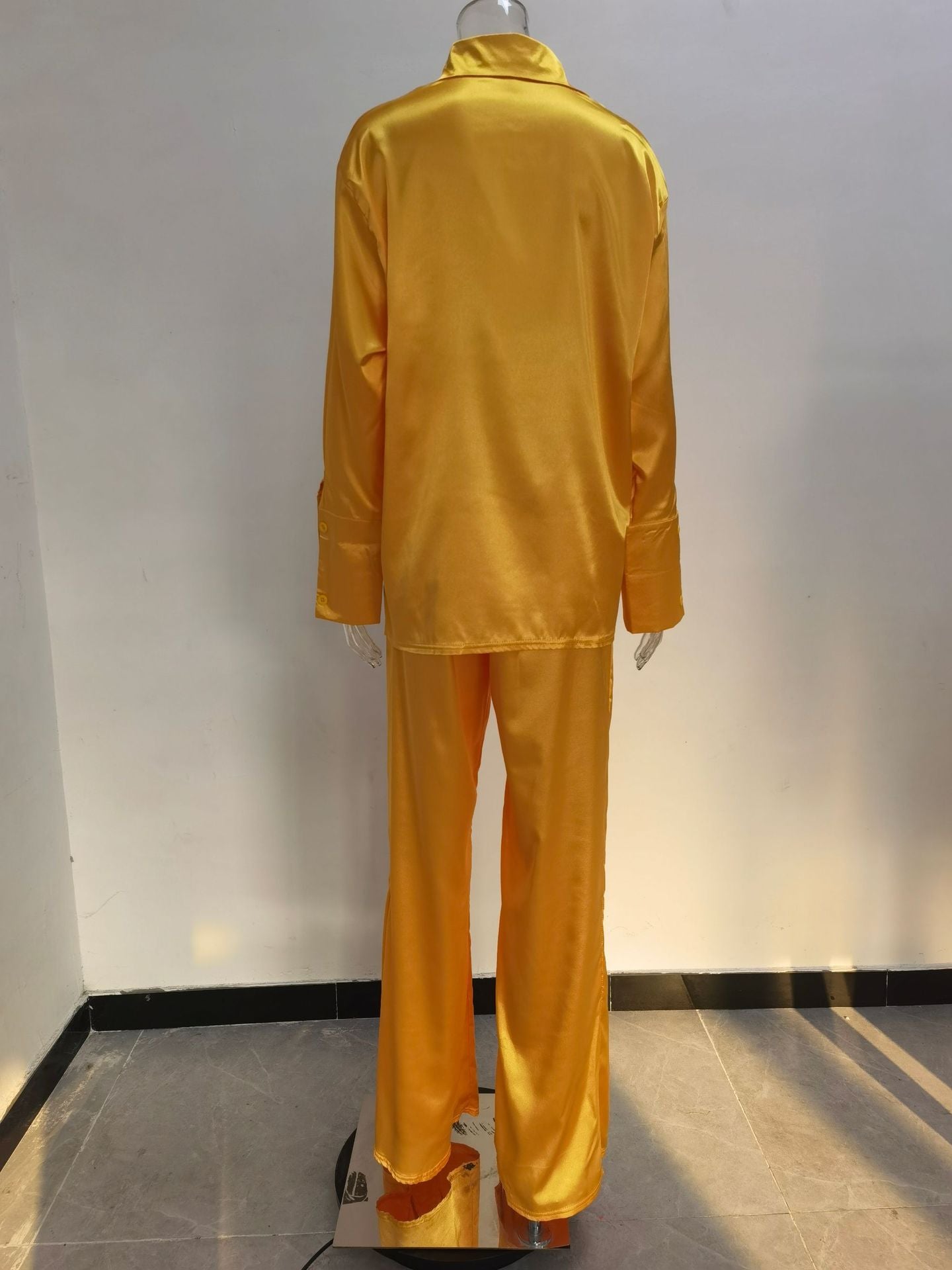 Solid Color Satin Long Sleeve Casual Two Piece Pants Set Trendy Lounge Wear 24