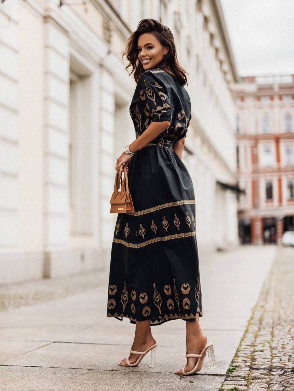 Women Printed Button Belt Shirt Dress 8