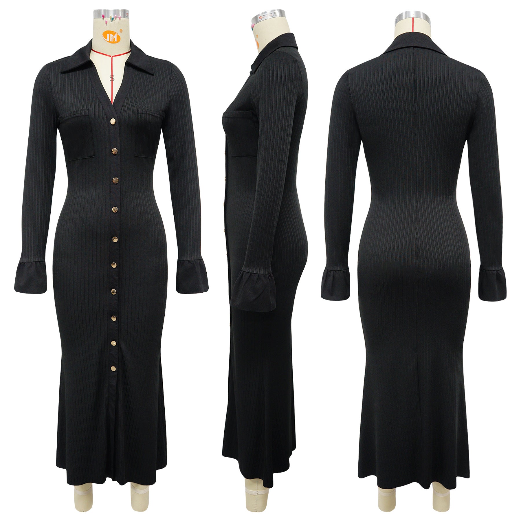 Women's Fashion V-Neck Single Row Buttons Long Sleeve Solid Long Dress 9